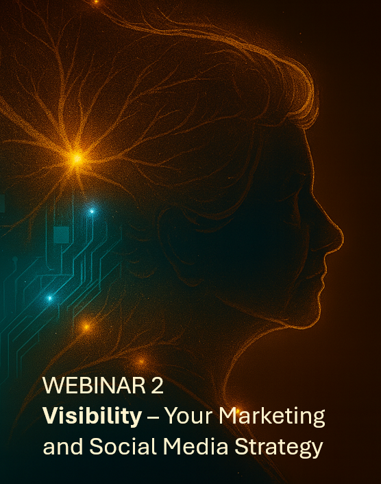 WEBINAR 2, Visibility – Your Marketing and Social Media Strategy with older woman connecting neurons and AI electric impulses